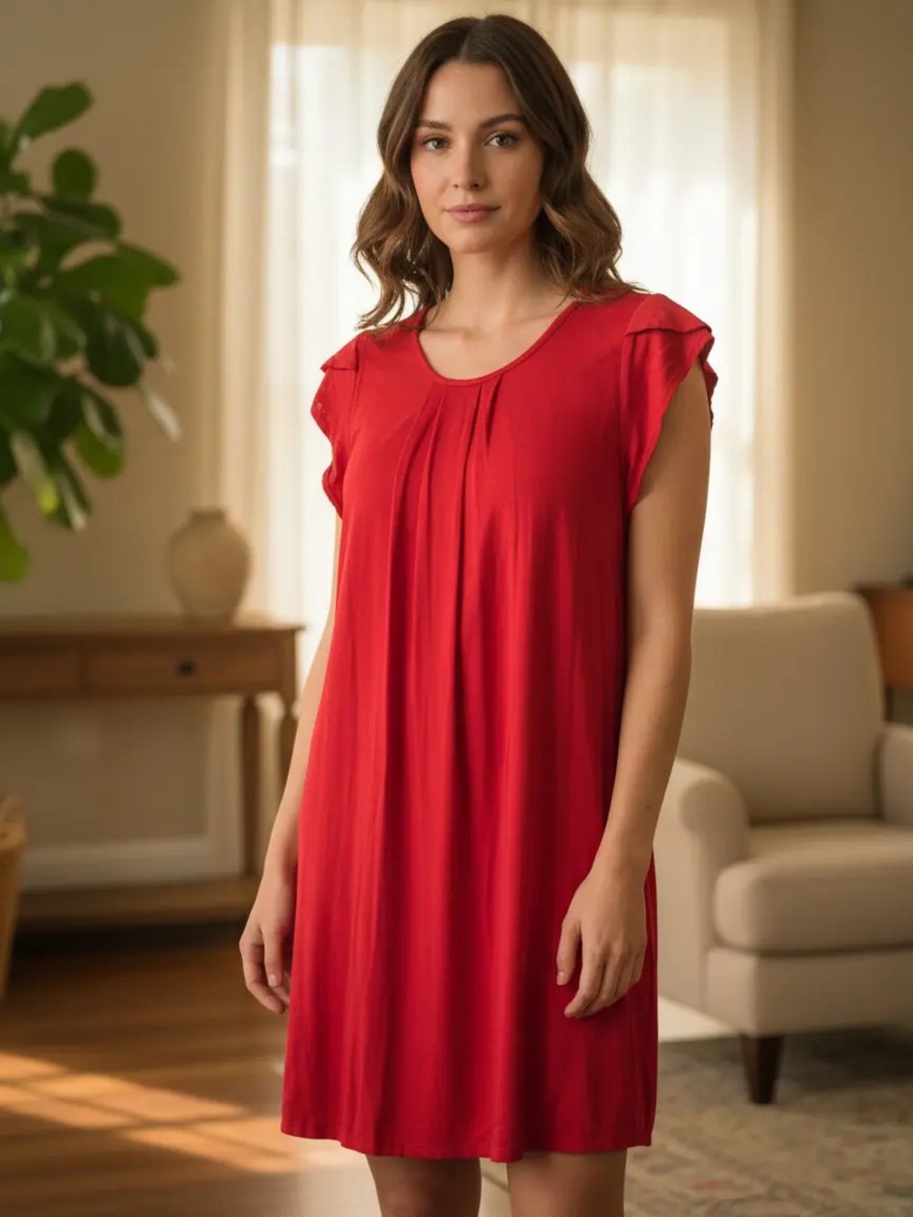 Caruso Red Cap-Sleeve Pleated Tunic Top